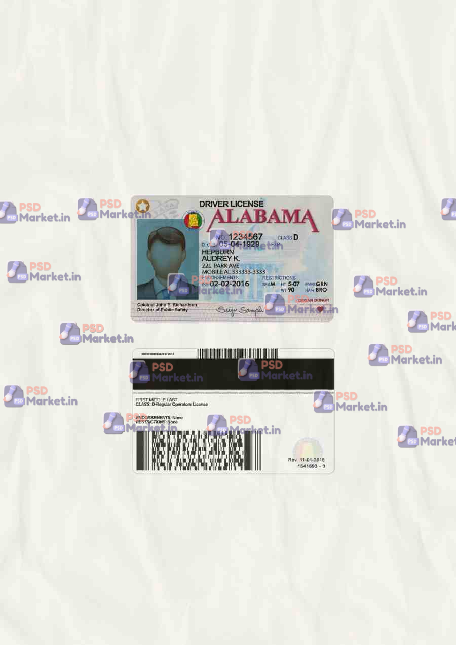 Alabama Drivers License (scan) Template (V2) 1 Alabama Drivers License (scan) Template (V2) - PSDMarket.in
