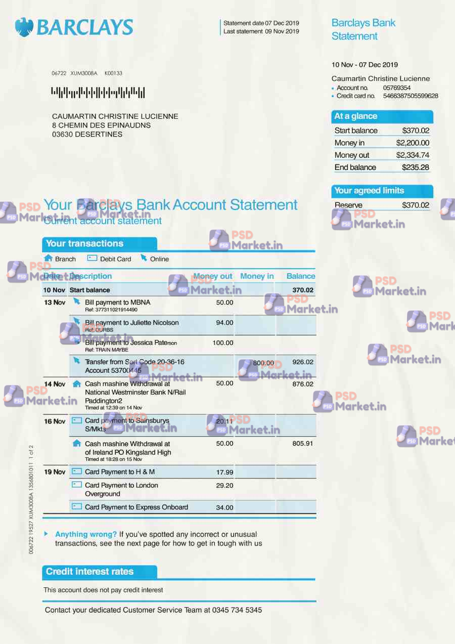 Barclay Bank Statement Template 1 Barclay Bank Statement Template - PSDMarket.in
