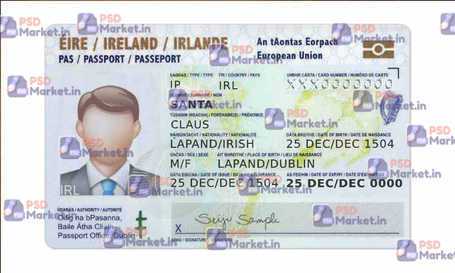 Ireland ID Card (Front & Back) Template 1 Ireland ID Card (Front & Back) Template - PSDMarket.in - Front