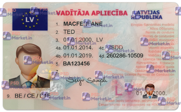Latvia Driving Licence (Front & Back) Template 1 Latvia Driving Licence (Front & Back) Template
