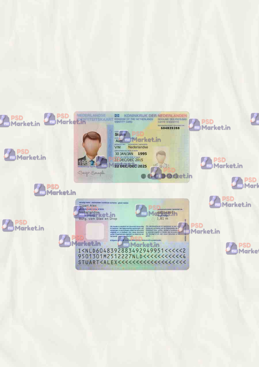 Netherlands ID Card Template (scan) V2 1 This high-quality, fully editable Netherlands ID Card Template is available as a PSD file for use with Adobe Photoshop. The template allows for customization of all key elements, including photo, personal details, and dates. Key Features: Photoshop (PSD) file format High-quality scan replica Fully editable layers Customizable photo, name, address, birth date, expiry date, and more Package Includes: PSD file with editable layers Required fonts High-resolution images Requirements: Adobe Photoshop (version not specified) Note: This template is for design purposes only and should not be used to create false identification documents.