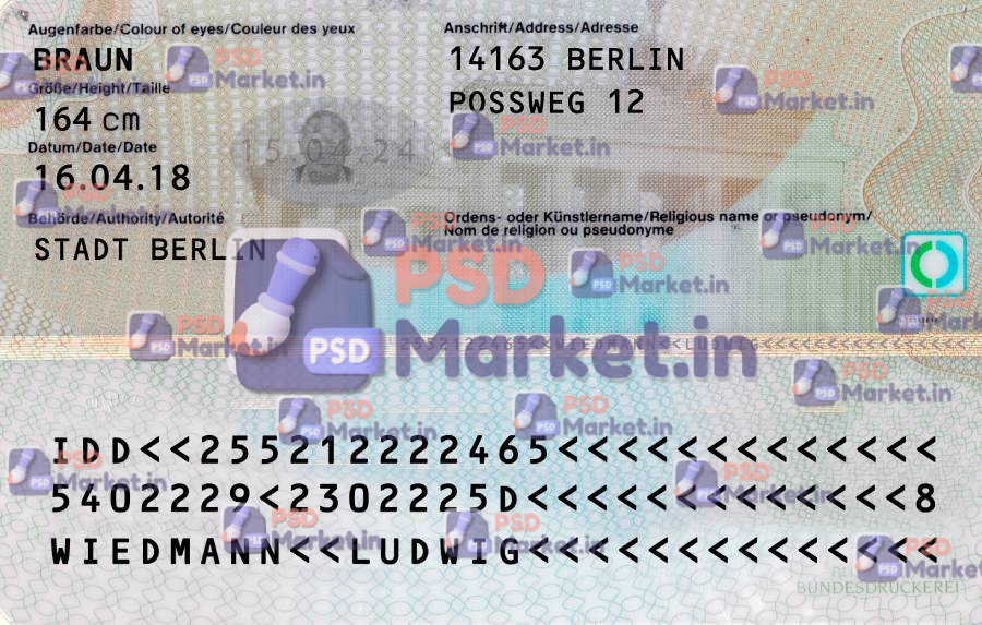 Germany ID Card 1200dpi Template 2 German_ID_1200dpi - PSDMarket.in - Back Side